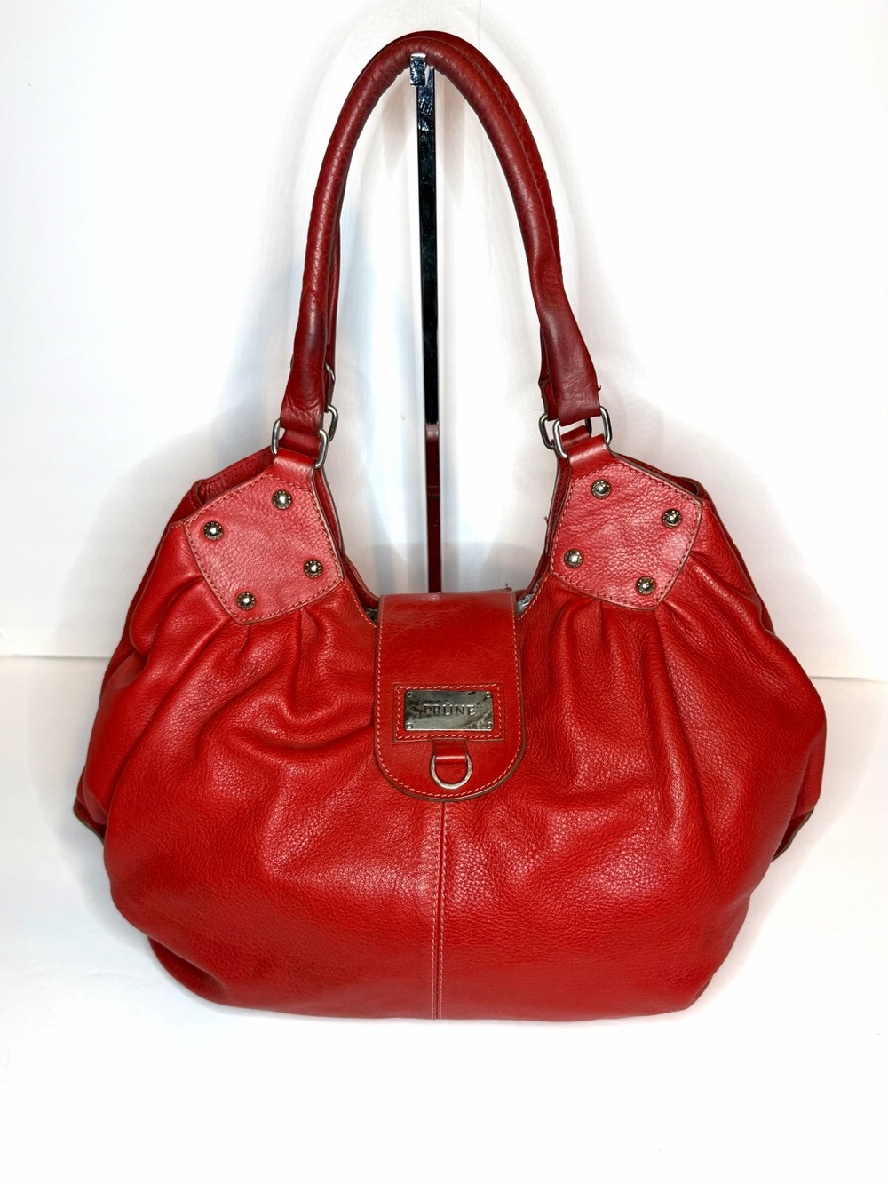 Prune Red Leather Shoulder Bag with Stud Accents